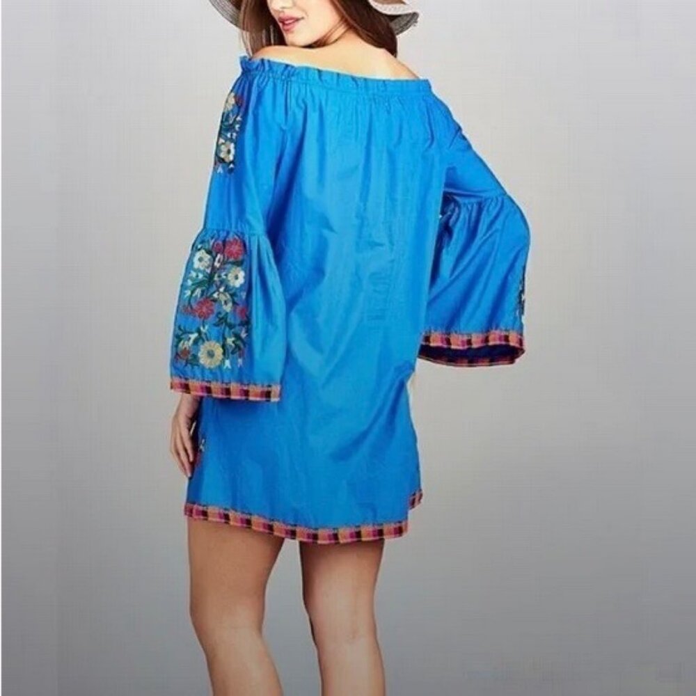 Velzera Royal Blue Embroidered Bell Sleeve Mini Dress Tunic S - Picture 3 of 10